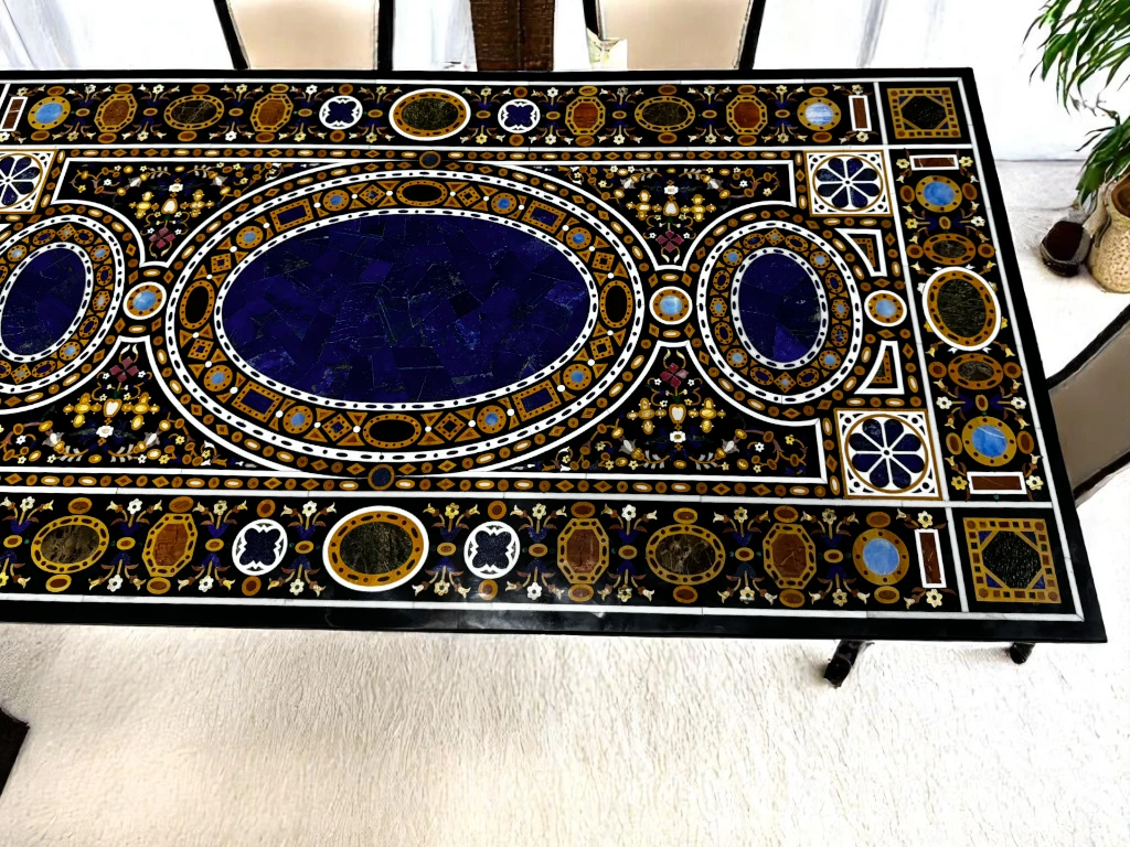 Black Marble Dining Table for Dining Room - Pietradura Mughal Era Inspired Modern Art
